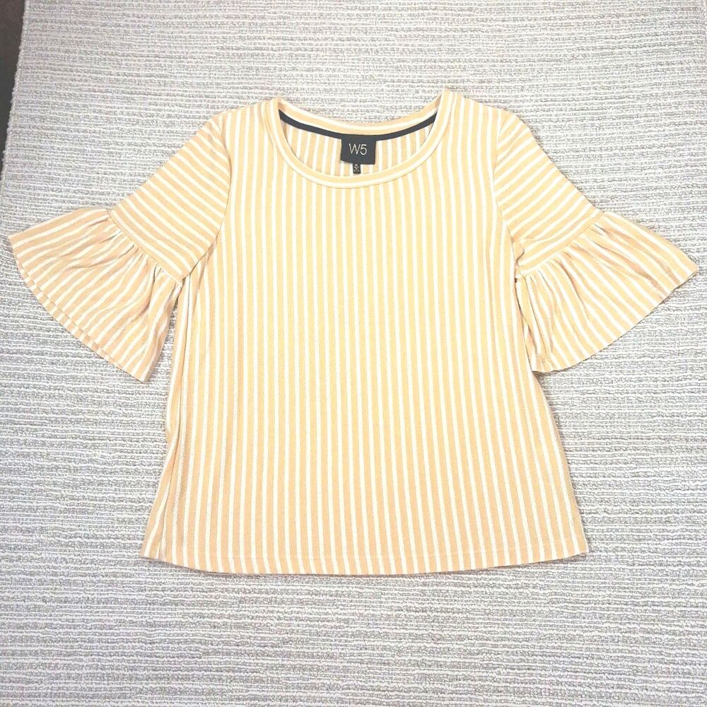 W5 mustard yellow white stripe ribbed bell sleeve top medium Womens Shirt Blouse